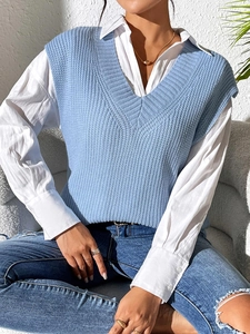 Light blue knit V-neck vest sweater for women styled with white shirt and jeans