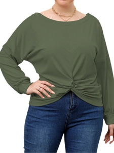 T-shirt femme manches longues vert foncé avec nœud torsadé à la taille et col rond