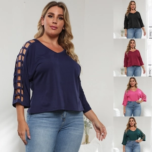 Detailed lattice cut-out sleeves on V-neck plus size tunic top in five color options