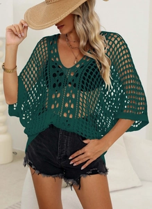 Detail of dark green crochet knit cover-up with hollow mesh pattern and batwing sleeves