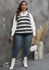 Women's plus size striped knit vest paired with white shirt and skinny jeans