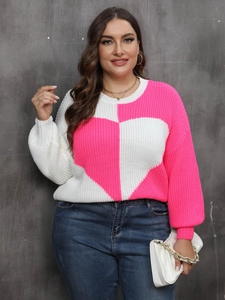 Plus size pink and white color block heart knit sweater for women stylish winter top
