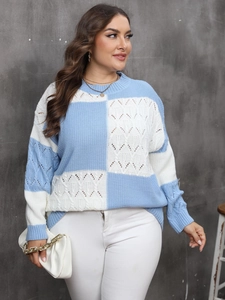 Women's plus size knit sweater featuring blue and white plaid patchwork with drop shoulders