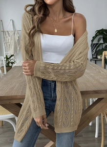 Detailed knit texture of beige hollow-out crochet cardigan for women in a casual style