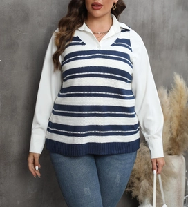 Close-up of blue and white striped knit vest layered over a white button-down shirt