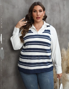 Detail of V-neck striped knit vest layered over white shirt for casual style