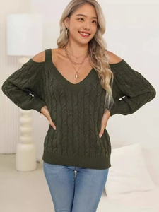 Deep green V-neck cable knit sweater with stylish cold shoulder cutouts and long sleeves