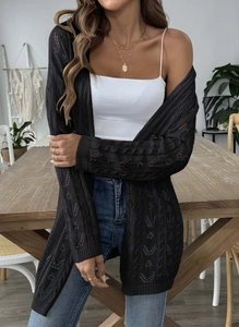 Detail shot of black crochet hollow out knit cardigan with delicate floral lace texture