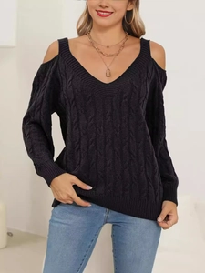Women's black V-neck cold shoulder cable knit sweater in a loose casual pullover style