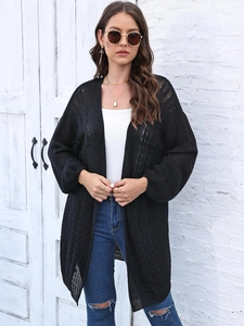 Women's black cable knit cardigan loose fit long sweater jacket for casual autumn style