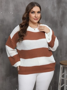 Close-up of brown and white striped knit sweater showing soft texture and crewneck detail