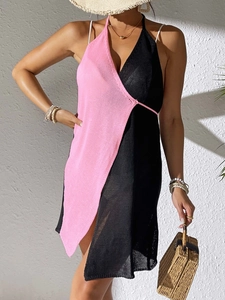 Pink and black crochet beach cover-up dress with halter neck and irregular hemline