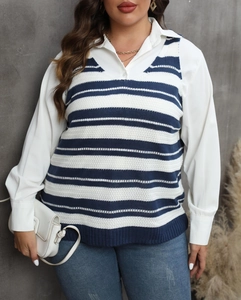 Detail of blue and white striped knit vest with V-neck layered over a white shirt