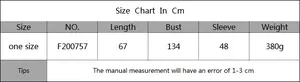Detailed size chart for oversized women's striped cardigan showing bust and sleeve measures