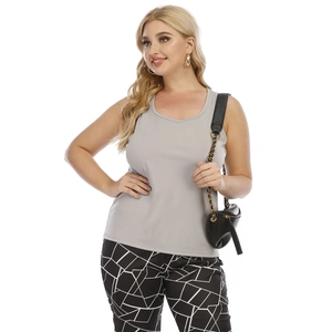 Plus size sleeveless knit grey tank top with geometric print pants set for women
