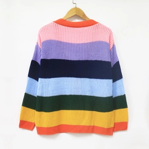 Women's colorful rainbow striped knit cardigan sweater with a loose casual fit