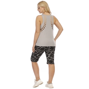 Detail of grey sports tank top featuring matrix cut-outs on back for breathability