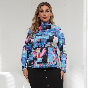 Close-up of long-sleeved turtleneck with abstract glitch art print and digital patterns