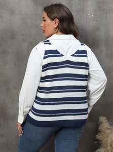 Detail shot of the back of a women's plus size striped knit vest with V-neckline