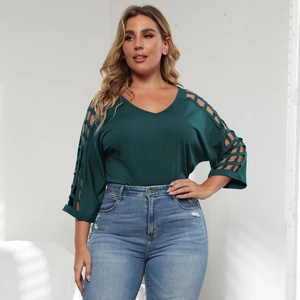 Women's plus size V-neck top in dark green with geometric hollow mesh batwing sleeves