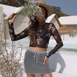 Bohemian floral print sheer mesh long sleeve crop top with crochet mini skirt beach set