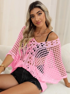 Bright pink hollow crochet bikini cover-up with batwing sleeves and loose casual fit