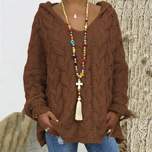 Jersey con capucha de punto trenzado para mujer con cuello en V y corte holgado marrón