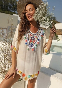 Sortie de Plage Femme Bohème Broderie Ethnique Glands Col V Dentelle Crochet Patchwork Robe de Vacances d'été Ample