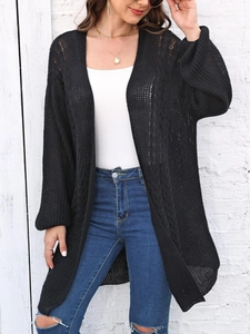 Women's casual black longline knit cardigan sweater with hollow out lightweight design