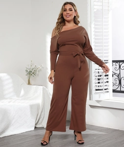 Brown off-shoulder long sleeve jumpsuit with waist tie and wide-leg cut for women