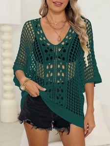 Women's hollow knit bikini cover up top with V-neck and loose batwing sleeves in dark green