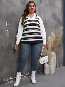 Women Plus Size Striped Knitted Vest Casual V Neck Contrast Color Sleeveless Sweater Top For Autumn Winter Streetwear