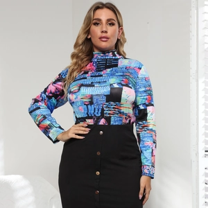Women Plus Size Mock Neck Long Sleeve T-Shirt Abstract Glitch Digital Print Top Urban Casual Slim Fit Milk Silk Blouse