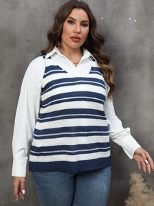 Women's plus size striped knit vest top layered over a white shirt with V-neckline