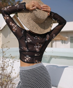 Back view of floral print mesh long sleeve crop top with elegant sheer fabric detail