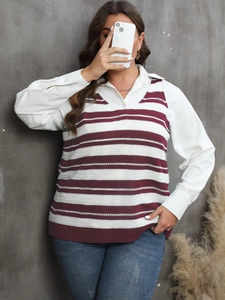 Women's V-neck striped knit vest top in burgundy and white worn over a white shirt