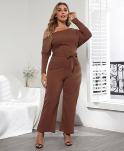 Brown one-shoulder long sleeve jumpsuit with waist tie and wide-leg trousers