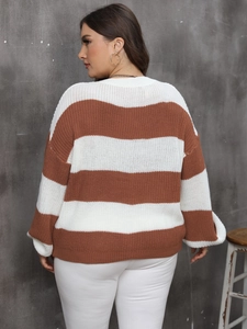 Women's plus size knit sweater with brown and white stripes and drop shoulder design