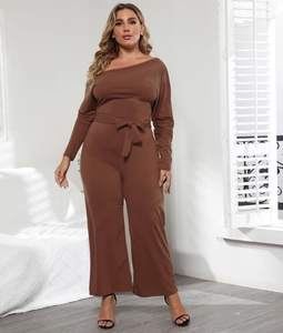 Detail view of brown one-shoulder long sleeve jumpsuit with waist tie and wide leg