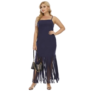 Damen Übergröße Sexy Spaghetti-Träger Fransen Maxikleid Lange Quasten Slim Fit Party Abend Club Kleid