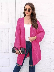 Women Casual Loose Knitted Cardigan Sweater Mid-Length Open Front Cable Knit Hollow Out Jacket For Autumn Winter Ladies Tops