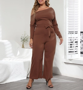 Brown off-shoulder jumpsuit with waist tie and wide-leg trousers for a stylish silhouette
