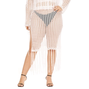 Detailed knit mesh pattern and long fringe trim on a white crochet beach cover-up skirt