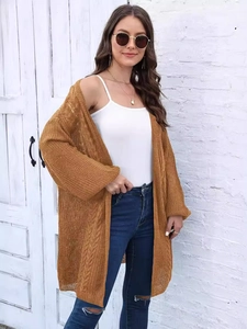 Women loose cable knit cardigan sweater in mustard yellow with casual open front design