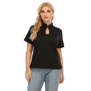 Detail of black slim fit T-shirt with mandarin collar and teardrop neckline cutout