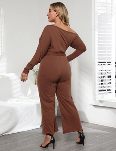 Brown off-shoulder long sleeve wide leg jumpsuit with waist tie for women