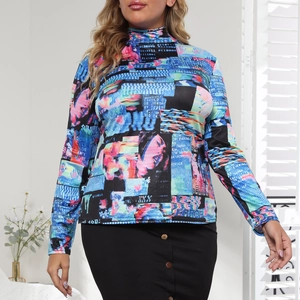 Detail of mock neck top featuring abstract glitch art print and long sleeves