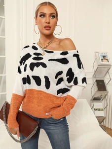 Women's leopard print knit sweater with off-shoulder neckline and orange color block