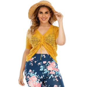Haut Court Grande Taille pour Femmes Crochet Ajouré Sexy Col en V Cordon de Serrage Réglable Manches Courtes Jaune Chemisier