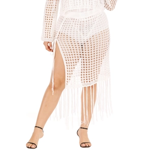 Close-up of white crochet knit two-piece set featuring long fringe details and mesh texture